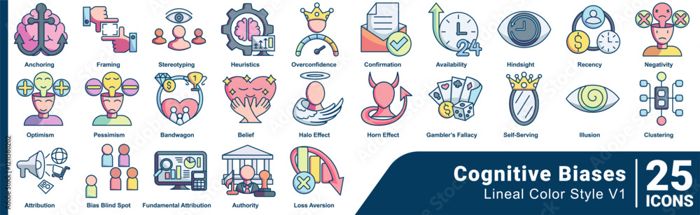 Cognitive Biases icon set 25 in lineal Color style Cognitive Biases icon set 25 in lineal Color style