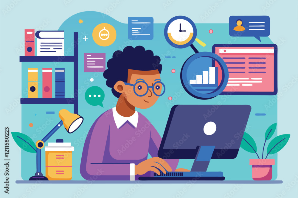 A person is engaged in online research at a desk, surrounded by books, charts, and digital tools for learning, learn and search for information on the internet A person is engaged in online research at a desk, surrounded by books, charts, and digital tools for learning, learn and search for information on the internet