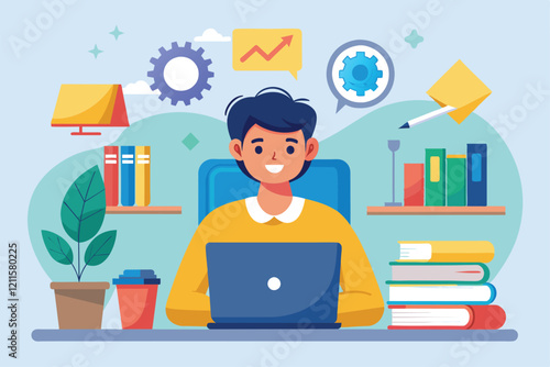 A person engages in online business learning at home with a laptop, books, and study tools, Learn business using a laptop