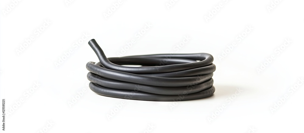 Naklejka premium Coiled black extension cord elegantly arranged on a white background emphasizing flexibility and practicality for versatile usage in various settings