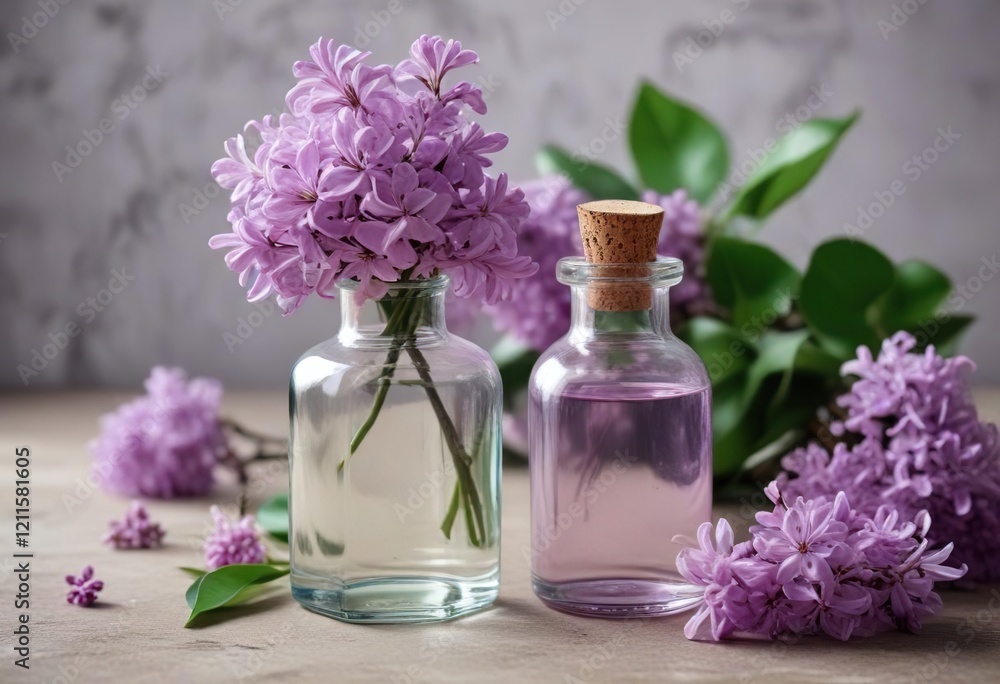 Glass bottle with lilac essential oil and fresh blooming lilac flowers, relaxation, organic Glass bottle with lilac essential oil and fresh blooming lilac flowers, relaxation, organic