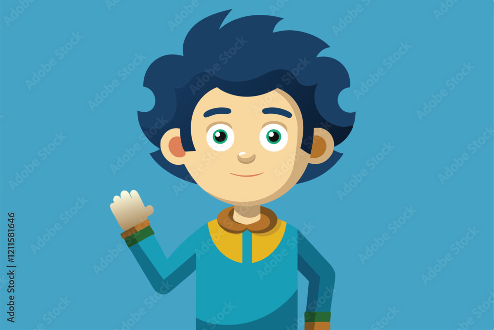 A cheerful left-handed child with curly hair is waving, set against a bright blue background, Left hander Customizable Cartoon Illustration A cheerful left-handed child with curly hair is waving, set against a bright blue background, Left hander Customizable Cartoon Illustration
