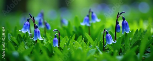 Green blades of grass surrounding a ring of bluebells, greenery, bloom