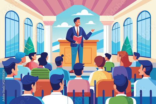 A speaker engages students in a university classroom filled with natural light and greenery outside, Lecture in university,