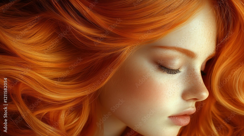 Obraz premium Fiery Red Hair: A Close-Up Portrait of a Woman with Vibrant, Wavy Locks
