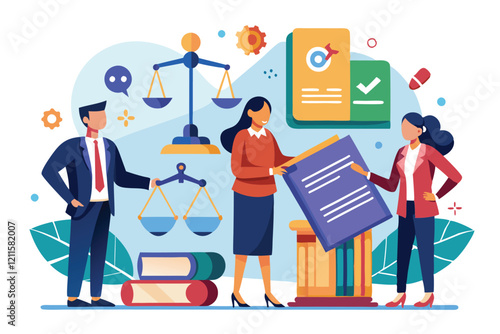 Three legal experts discuss essential agreements and contracts in a modern office environment, Legal support of deals and agreements,