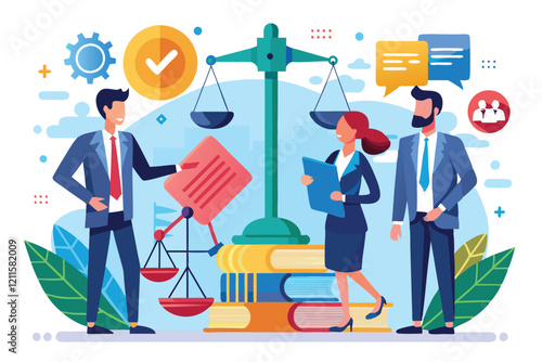 Professionals engage in a discussion about legal support for deals and agreements, surrounded by legal symbols, Legal support of deals and agreements,