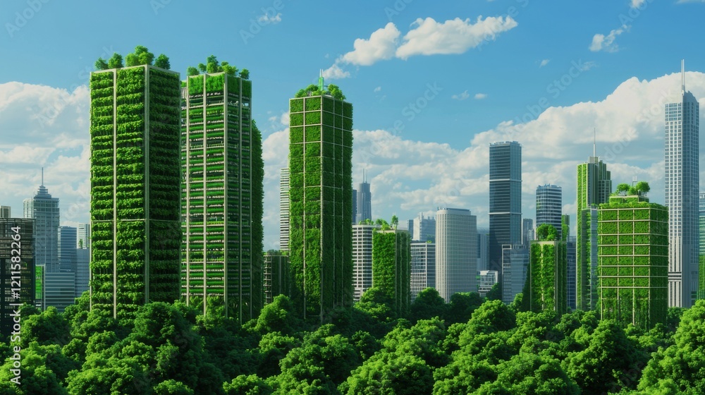 Fototapeta premium EcoFriendly Cityscape Green Buildings and Lush Foliage