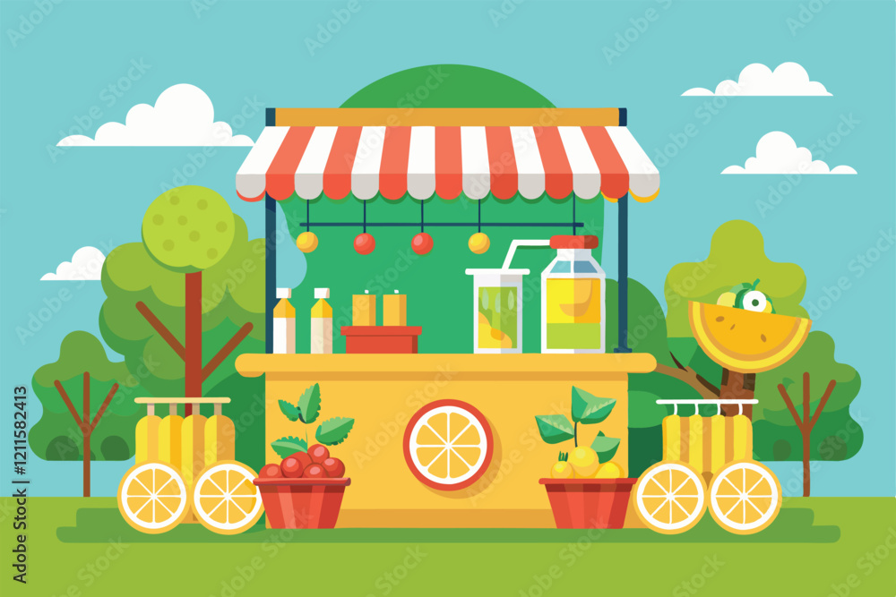 Fototapeta premium A vibrant lemonade stand brimming with fresh lemonade, fruits, and cheerful decor in a sunny park during summer, Lemonade stand Customizable Semi Flat Illustration