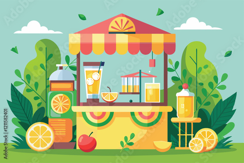 A colorful lemonade stand features various drinks and fruits, perfect for a sunny outdoor gathering in nature, Lemonade stand Customizable Disproportionate Illustration