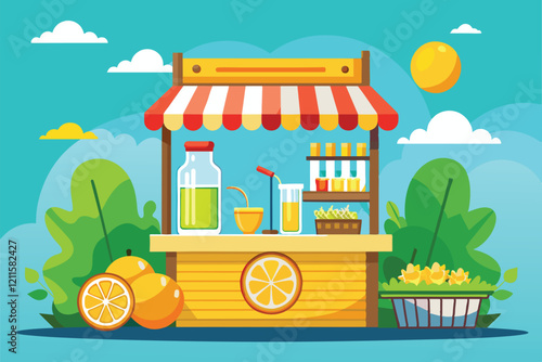 A vibrant lemonade stand displays refreshing drinks and fresh fruit under a sunny sky, inviting customers to enjoy, Lemonade stand Customizable Semi Flat Illustration