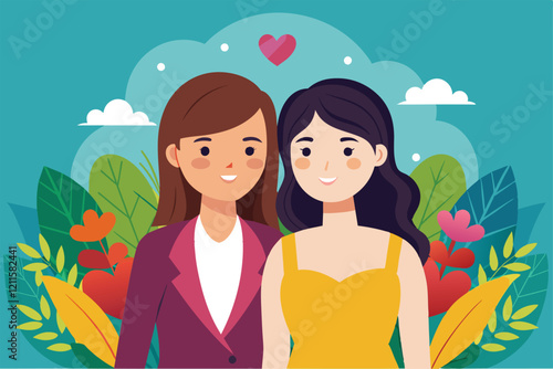 A joyful lesbian couple poses together amidst colorful flowers and a backdrop of blue skies and hearts, Lesbian couple Customizable Flat Illustration