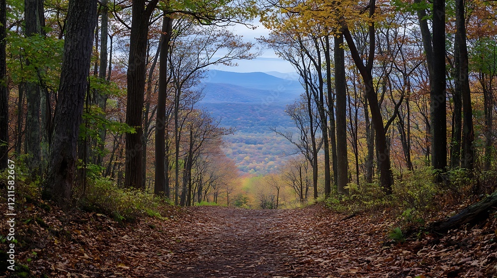 Obraz premium Autumnal Forest Path Leading to Distant Mountains