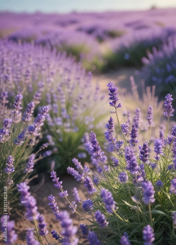 Obraz premium Soft focus on a sea of lavender flowers swaying in the wind, herbs, soothing, aromatherapy