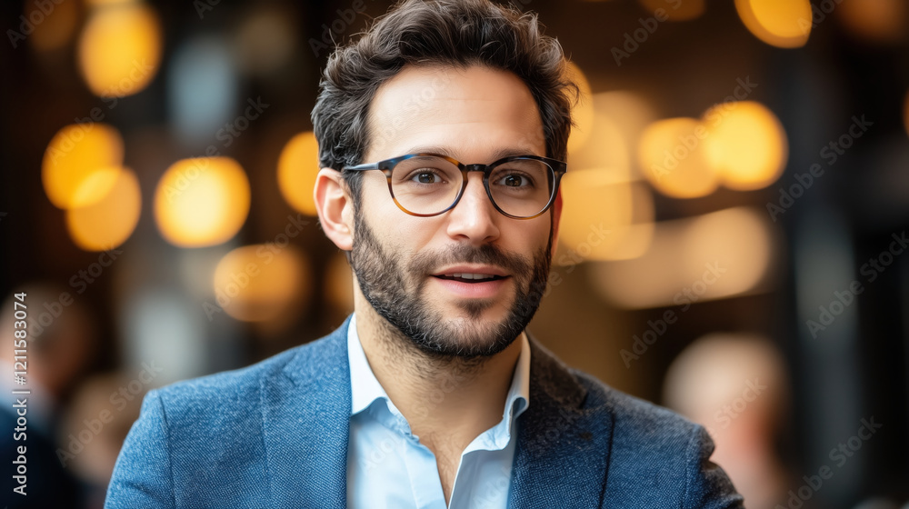 Confident man in blazer with glasses, smiling in modern setting Confident man in blazer with glasses, smiling in modern setting