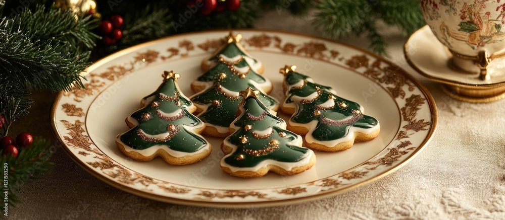 Decorative Christmas tree cookies on an ornate plate with gold accents arranged centrally against a festive background of greenery and red berries. Decorative Christmas tree cookies on an ornate plate with gold accents arranged centrally against a festive background of greenery and red berries.