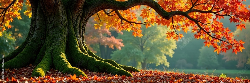 Lush moss covers the trunk and branches of an ancient oak tree with bright maple leaves, autumn, greenery, landscape
