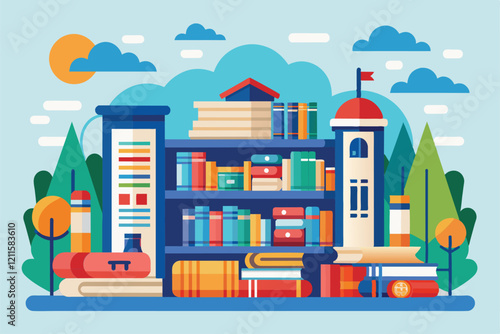 A vibrant library setup with a large bookshelf and stacks of books nestled among trees, all under a sunny sky, Library Customizable Flat Illustration