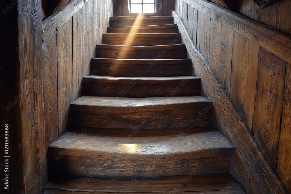 Obraz premium Sunlit rustic wooden staircase, aged wood.