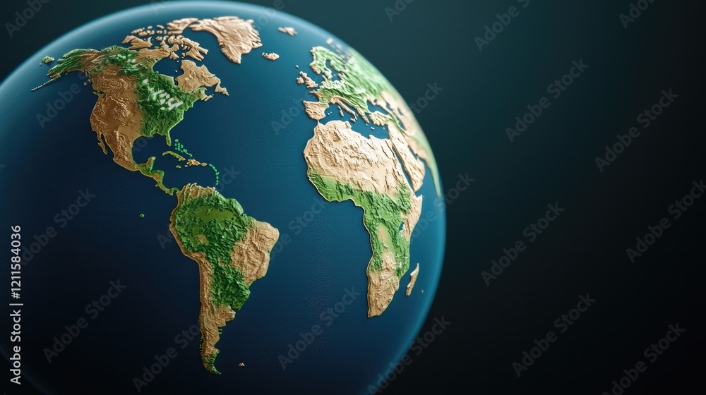 Fototapeta premium A detailed, 3D-rendered globe showcasing continents and oceans highlighted against a dark background.