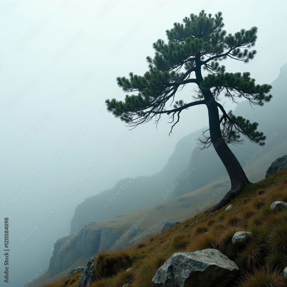 Misty veil shrouds the lone evergreen's rugged branches, wild, scenery Misty veil shrouds the lone evergreen's rugged branches, wild, scenery