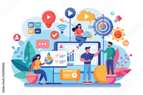 Professionals collaborate on a social media strategy using graphics and data analytics in a vibrant workspace, Lifebased social media content strategy development