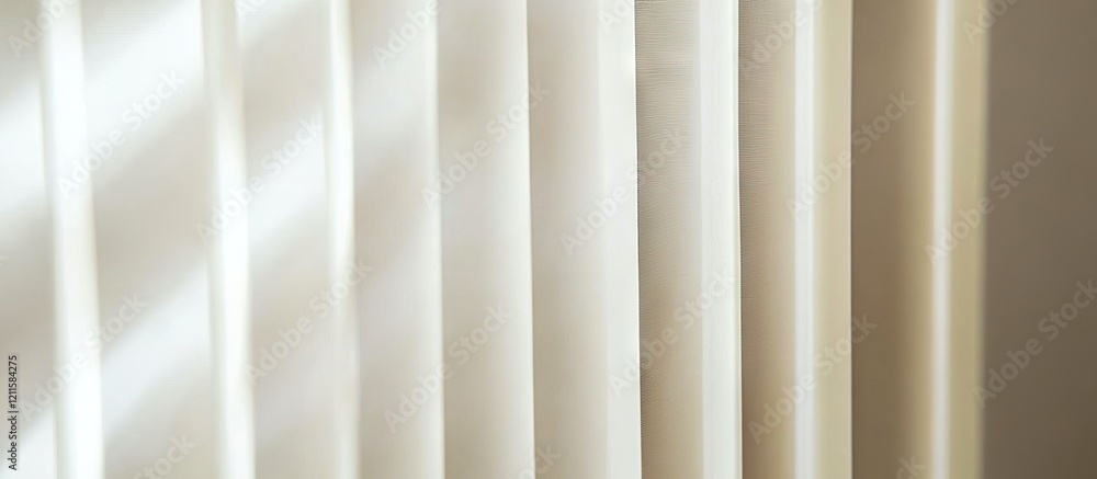 Fototapeta premium Vertical white blinds casting soft shadows as sunlight filters through creating a serene ambience in a light-filled room with neutral tones.