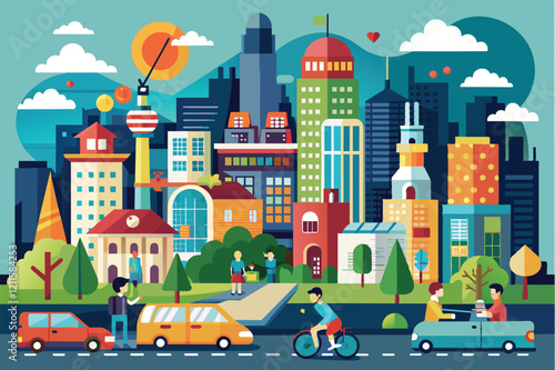 A vibrant illustration depicts city life with cyclists, cars, and people enjoying leisure activities among skyscrapers, Life in a city Customizable Disproportionate Illustration