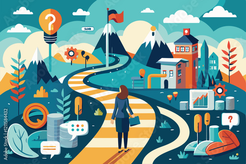 A person walks along a winding path surrounded by mountains, buildings, and symbols of career choices and questions, Life path and career, uncertainty,