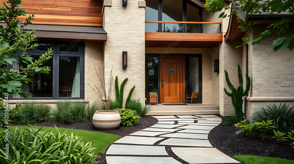 Obraz premium Modern Home Exterior Design: Stone Pathway, Landscaping, and Contemporary Architecture
