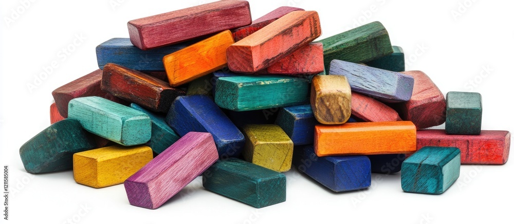 Vibrant colorful wooden blocks stacked in a playful pile with green, blue, red, and purple hues isolated on a clean white background. Vibrant colorful wooden blocks stacked in a playful pile with green, blue, red, and purple hues isolated on a clean white background.