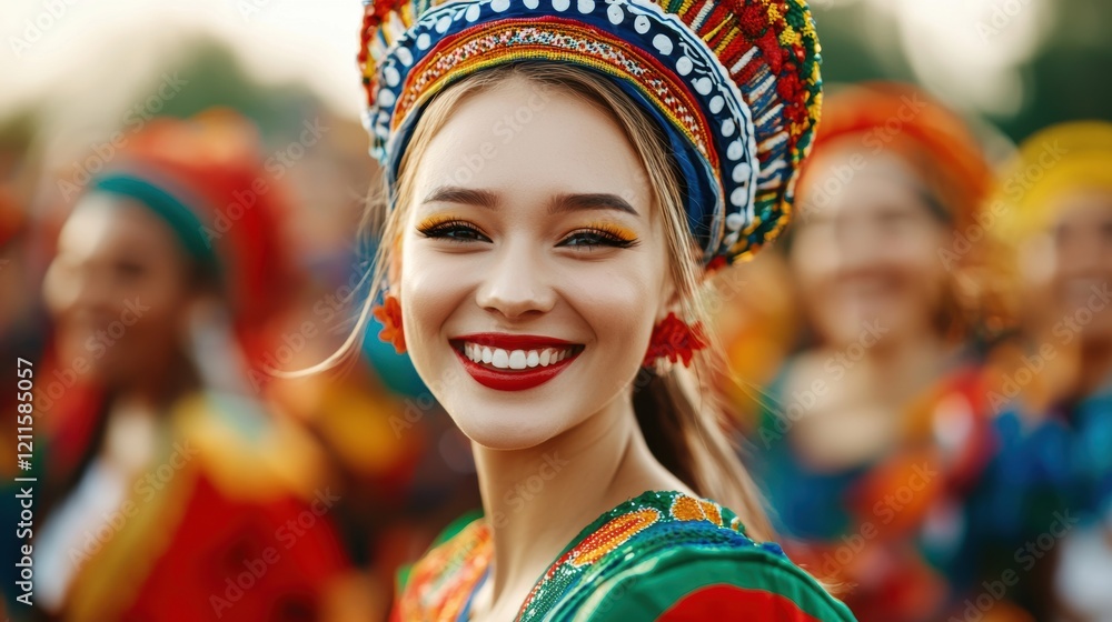 Fototapeta premium Vibrant Headdress Smiling Woman at Festive Event