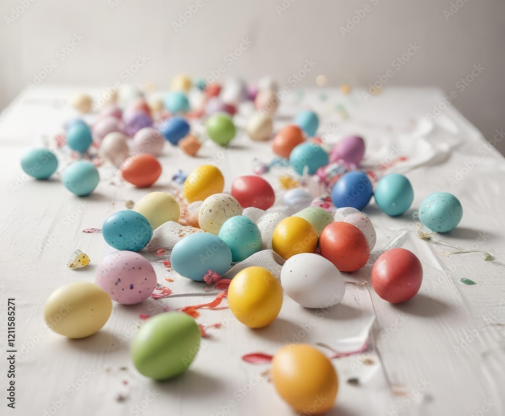 Colorful Easter eggs scattered on a white table runner, colorful accents , easter decorations Colorful Easter eggs scattered on a white table runner, colorful accents , easter decorations