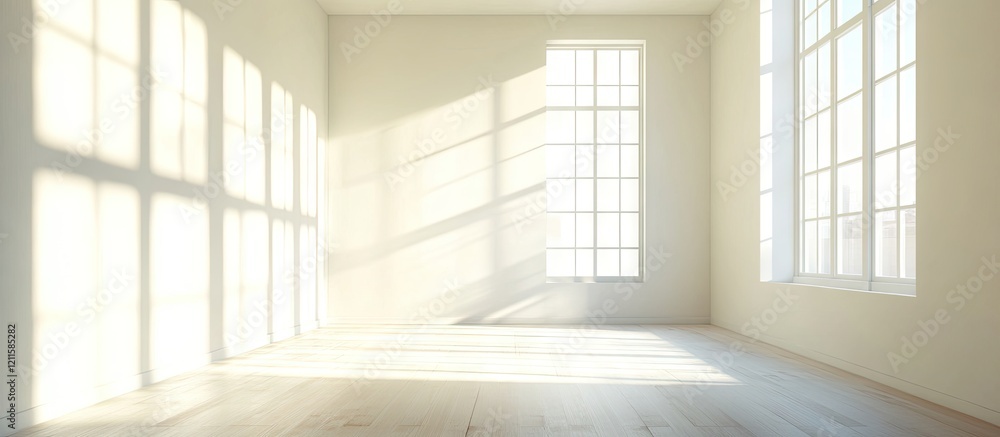 Spacious empty room with white walls and large windows casting soft shadows, featuring light wooden flooring and a bright, airy atmosphere. Spacious empty room with white walls and large windows casting soft shadows, featuring light wooden flooring and a bright, airy atmosphere.