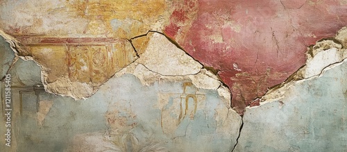 Fresco detail featuring vibrant colors of red, yellow, and blue showing cracks and textures on a weathered wall with intricate patterns. photo