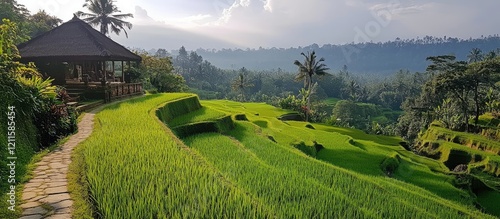 Lush green rice paddies arranged in terraced layers under a serene sky with a rustic hut positioned on the left amidst nature in a tranquil landscape photo