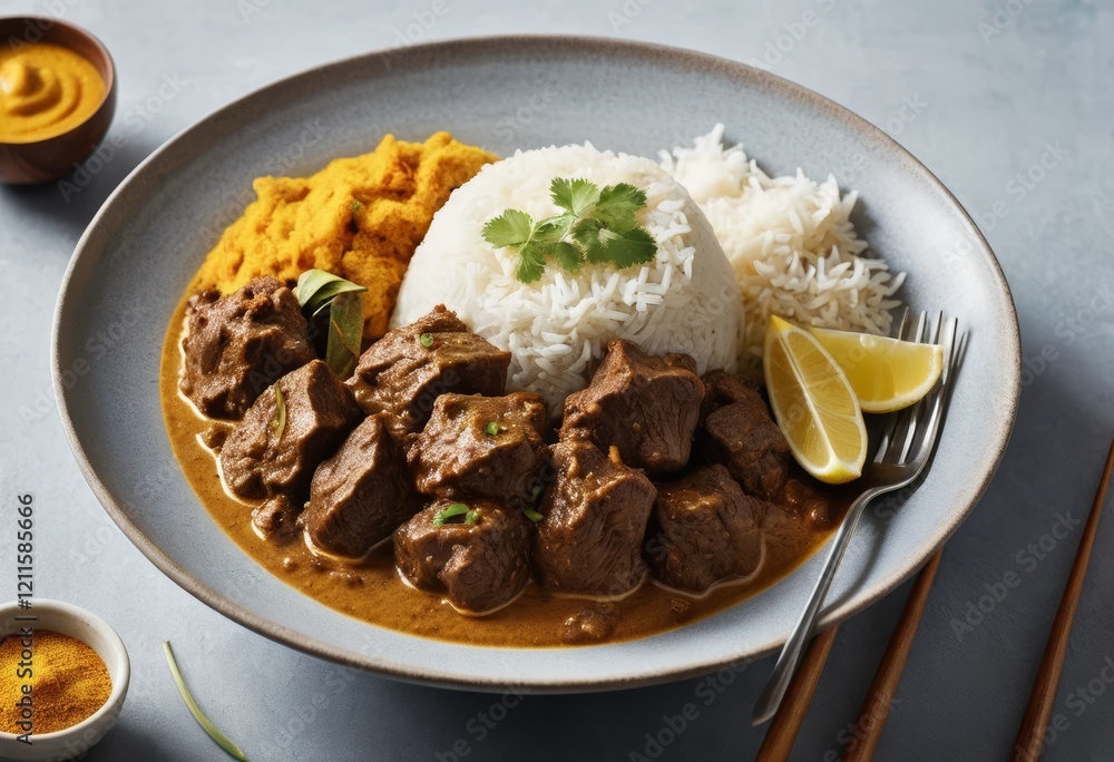 Delicious Beef Curry with Rice and Turmeric, a flavorful and aromatic Asian dish Delicious Beef Curry with Rice and Turmeric, a flavorful and aromatic Asian dish
