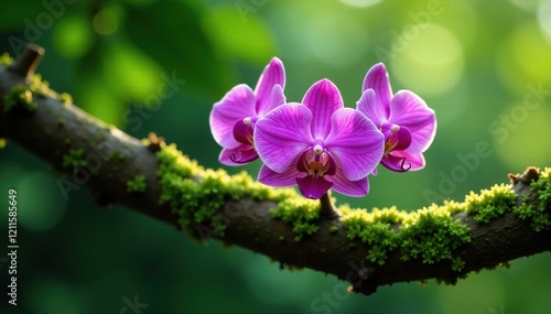 Purple orchid flower blooms on a moss-covered tree branch, bloom, foliage, greenery