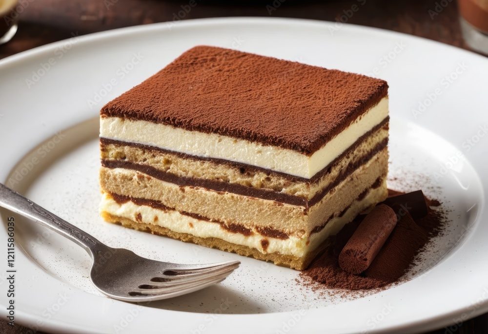 Delicious Creamy Tiramisu Dessert on White Plate with Cocoa Powder Delicious Creamy Tiramisu Dessert on White Plate with Cocoa Powder