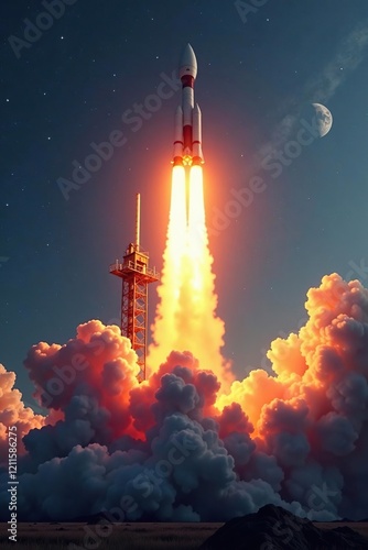 Rocket launching into space with a massive explosion of flames and smoke, thrust, takeoff, rocket launch