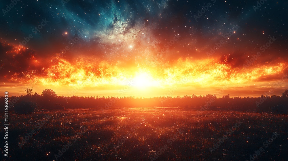 Fiery Celestial Sunset Over Silhouetted Trees And Field Fiery Celestial Sunset Over Silhouetted Trees And Field