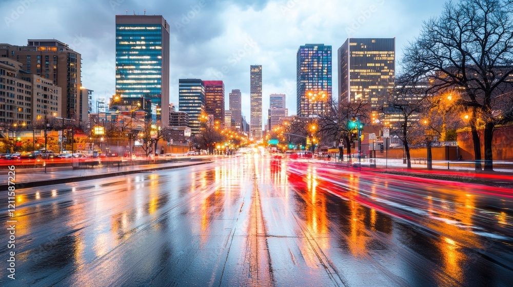 Cityscape at Dusk Rainslicked Streets and City Lights