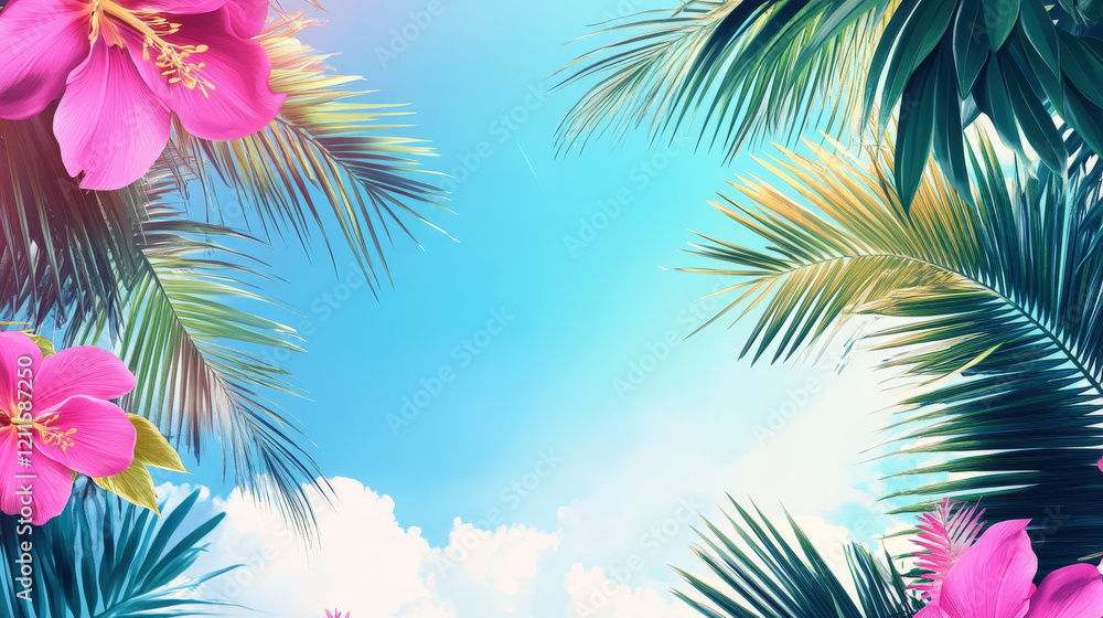 Obraz premium Tropical Frame with Bright Pink Flowers