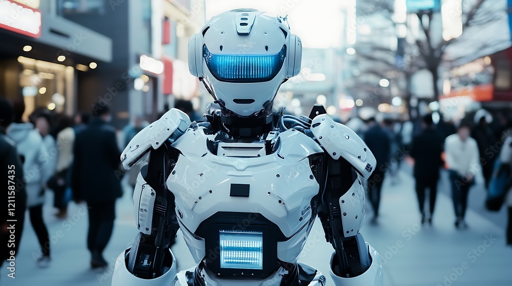 Futuristic Robot in a City Crowd: A Glimpse into Tomorrow's Urban Landscape Futuristic Robot in a City Crowd: A Glimpse into Tomorrow's Urban Landscape