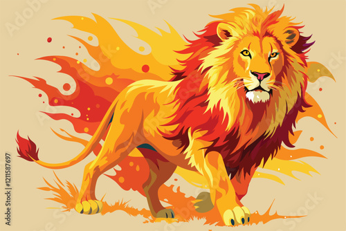 A striking watercolor design of a lion showcases its majestic features amidst vibrant flames, Lion watercolor brush design vector for t-shirt photo