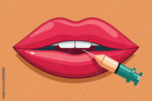 A syringe is preparing to inject lip filler into voluptuous lips for a customized look, Lip filler Customizable Disproportionate Illustration