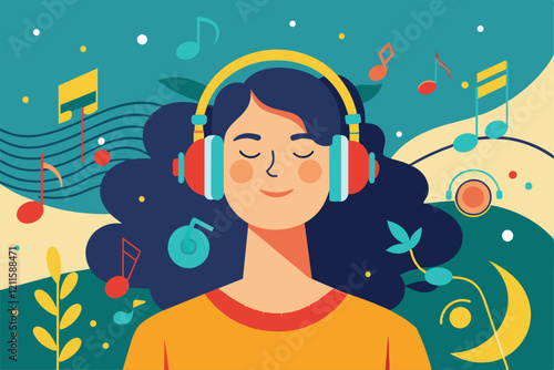 A young person with curly hair smiles, listening to music through vibrant headphones amid lively patterns, listening to music