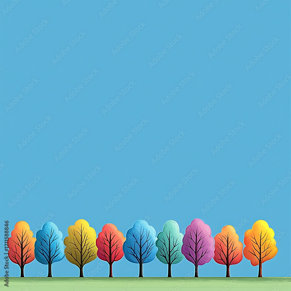 Fototapeta premium A blue background with a row of trees in various colors