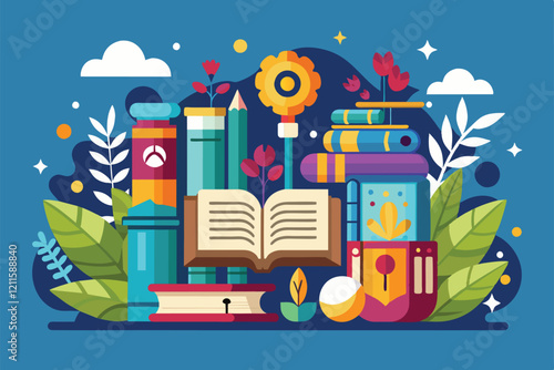 A vibrant assortment of literature-themed objects set against a blue backdrop, showcasing books and flowers, Literature Customizable Flat Illustration