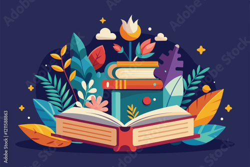 A collection of books is nestled among lush greenery and colorful flowers, creating a lively atmosphere, Literature Customizable Semi Flat Illustration